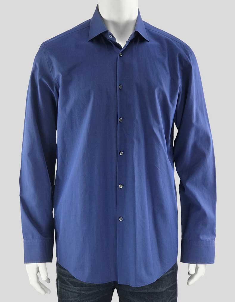 Boss By Hugo Boss Blue Dress Shirt With Dual Button Barrel Cuffs Pointed Collar Without Stays Slim Fit Size 43/17