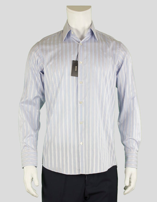 Boss Hugo Boss Regular Fit Blue And Pink Pinstriped Button Down Dress Shirt With Double Button Barrel Cuffs Point Collar And Room For Stays 14 5 32/33