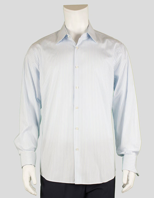 Boss Hugo Boss Regular Fit Light Blue And White Pinstriped Button Down Dress Shirt With French Cuffs A Point Collar With Room For Stays 17.5 36/37