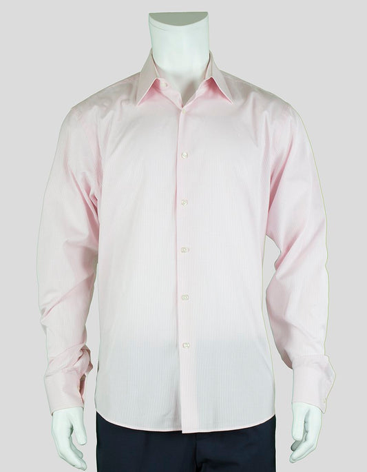 Boss Hugo Boss Regular Fit Pink And White Pinstriped Button Down Dress Shirt With French Cuffs And Point Collar With Stays 17 36/37