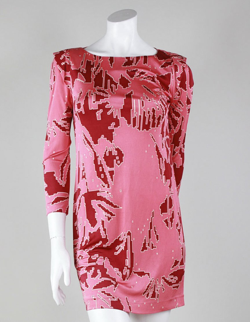 Tibi 3/4 Sleeve High Necked Pink And Red Abstract Print Mini Dress