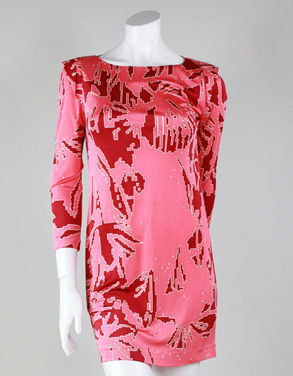 Tibi 3/4 Sleeve High Necked Pink And Red Abstract Print Mini Dress