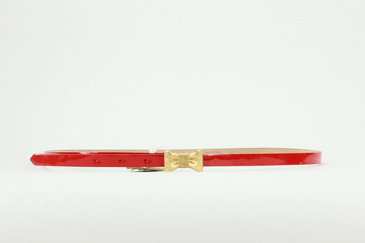 Kate Spade New York Red Patent Leather Skinny Belt With Gold Tone Medal Ribbon Closure Size M/L